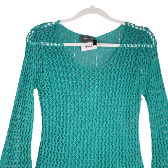 Wooden Ships Tunic Pullover Sweater Womens Small Green Open Knit Cotton Blend - Picture 2 of 9